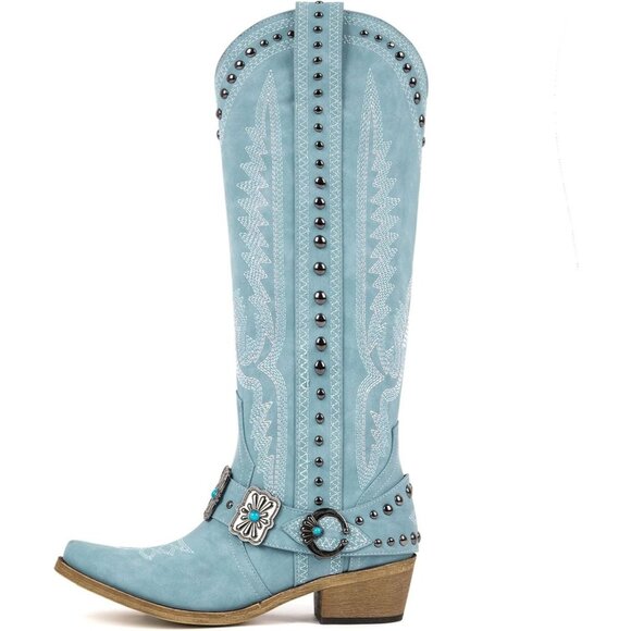 Women's Blue Leather Embroidered Knee High Chunky Heels Western Cowgirl Boots - Picture 2 of 4